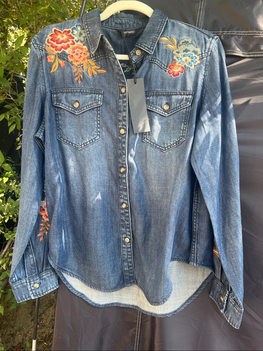 DRIFTWOOD Embroidered Denim Button-Down Shirt in Blue with Red & Yellow Accents